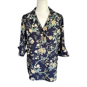 Tuckernuck navy blue floral tunic shirt blouse classic cottage style print XXS